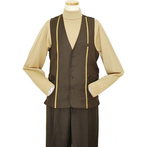 Steve Harvey Brown Vertical Contrast Trim 2 Pc Vested Outfit # 1017V